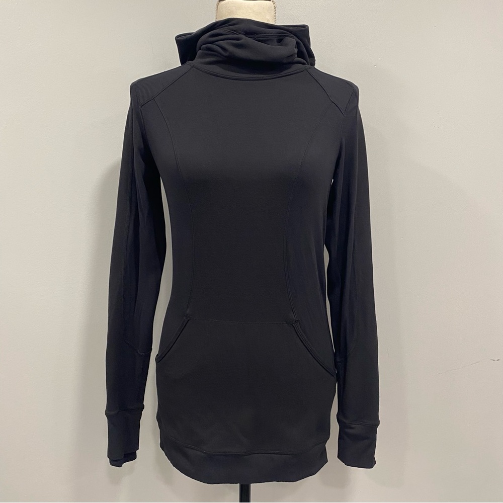 Lululemon 4 Black Base Runner Pullover Ponytail Hoodie Ruched Shirt Funnel Neck